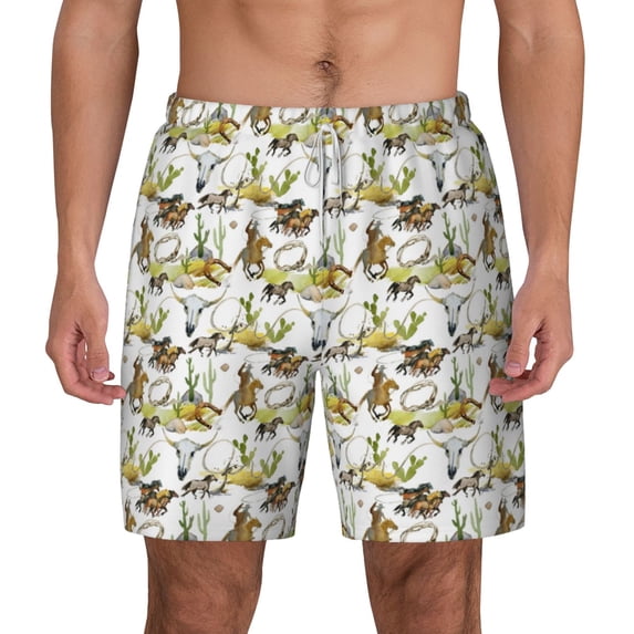 Lsque Mens Swim Trunks Wild West Western Pattern - Bathing Suit Compression Liner - Beach Swim Shorts Swimwear - (S-3XL) - Stretch Quick Dry -X-Large