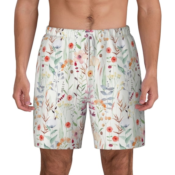 Lsque Mens Swim Trunks Wildflower Watercolor 4 Pattern - Bathing Suit Compression Liner - Beach Swim Shorts Swimwear - (S-3XL) - Stretch Quick Dry -Small