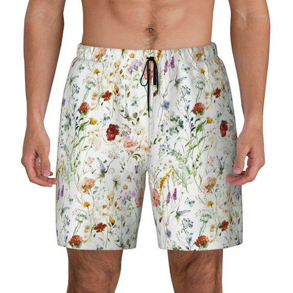 Lsque Mens Swim Trunks Wildflower Watercolor Pattern - Bathing Suit Compression Liner - Beach Swim Shorts Swimwear - (S-3XL) - Stretch Quick Dry -Large