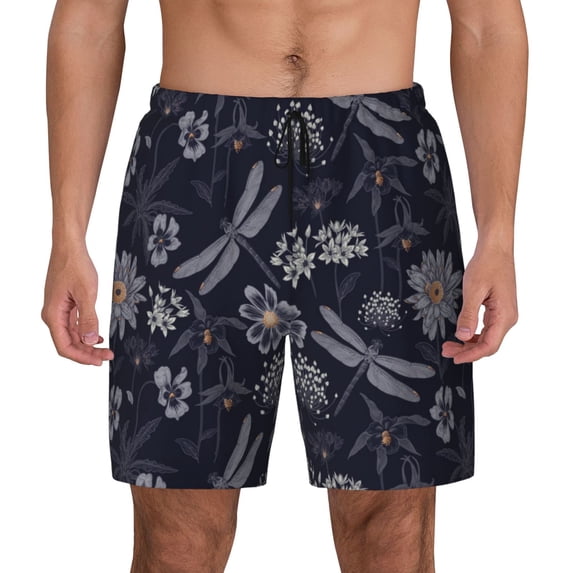 Lsque Mens Swim Trunks Wildflowers And Dragonflies Pattern - Bathing Suit Compression Liner - Beach Swim Shorts Swimwear - (S-3XL) - Stretch Quick Dry -Small