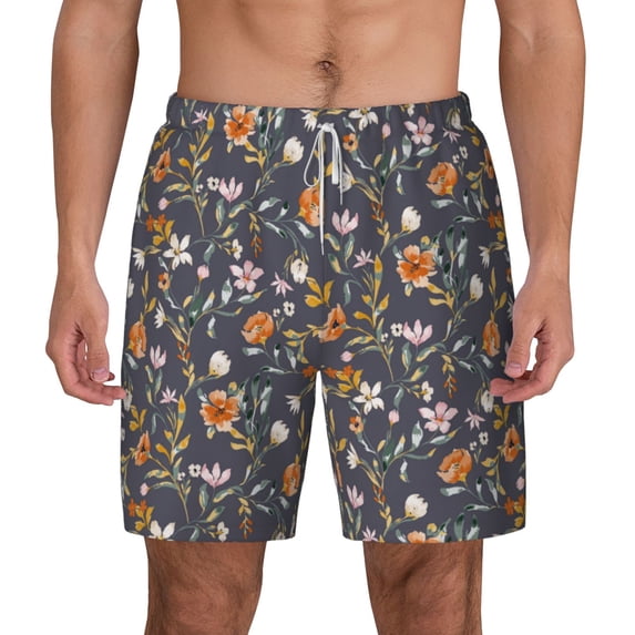 Lsque Mens Swim Trunks Wildflowers Pattern - Bathing Suit Compression Liner - Beach Swim Shorts Swimwear - (S-3XL) - Stretch Quick Dry -Large