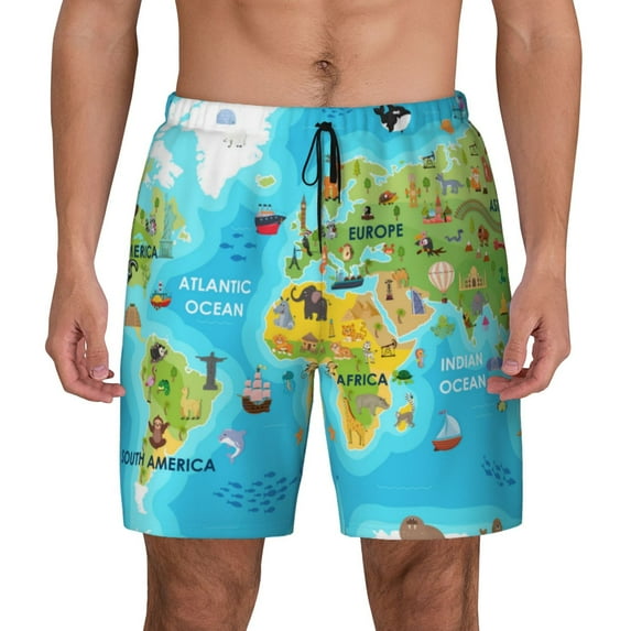 Lsque Mens Swim Trunks World Map With Animals Landmarks Pattern - Bathing Suit Compression Liner - Beach Swim Shorts Swimwear - (S-3XL) - Stretch Quick Dry -Large