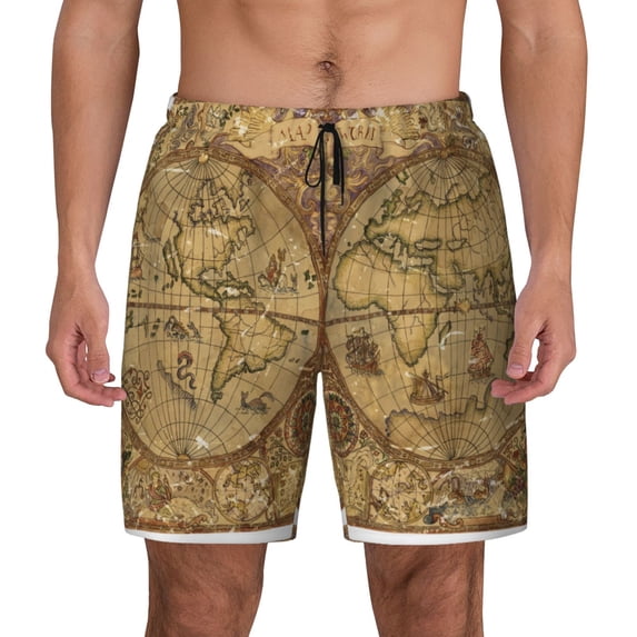 Lsque Mens Swim Trunks World Map1 Pattern - Bathing Suit Compression Liner - Beach Swim Shorts Swimwear - (S-3XL) - Stretch Quick Dry -XX-Large