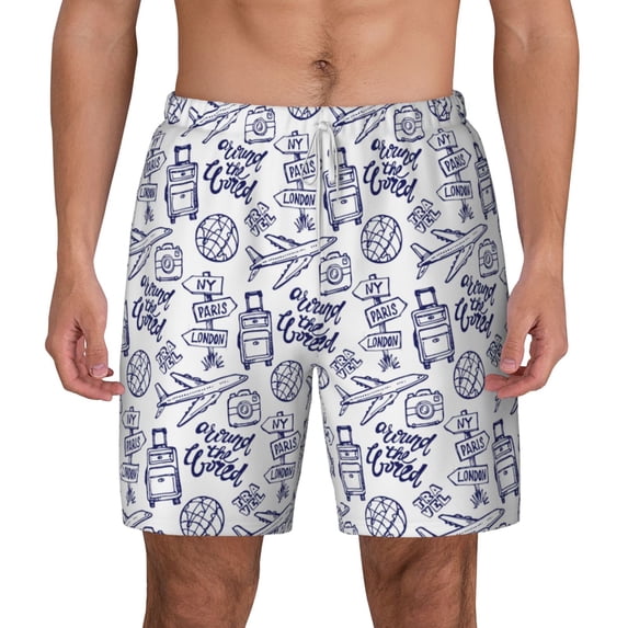 Lsque Mens Swim Trunks World Travel2 Pattern - Bathing Suit Compression Liner - Beach Swim Shorts Swimwear - (S-3XL) - Stretch Quick Dry -3X-Large