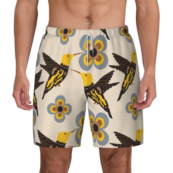 Lsque Mens Swim Trunks Yellow Flowers Hummingbird Pattern - Bathing Suit Compression Liner - Beach Swim Shorts Swimwear - (S-3XL) - Stretch Quick Dry -Large