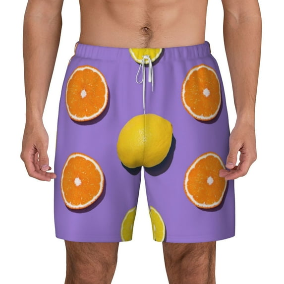 Lsque Mens Swim Trunks Yellow Lemon And Orange Pattern - Bathing Suit Compression Liner - Beach Swim Shorts Swimwear - (S-3XL) - Stretch Quick Dry -Small