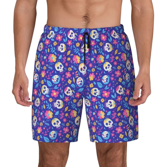 Lsque Mens Swim Trunks colorful Skull flower leaf Pattern - Bathing Suit Compression Liner - Beach Swim Shorts Swimwear - (S-3XL) - Stretch Quick Dry -3X-Large