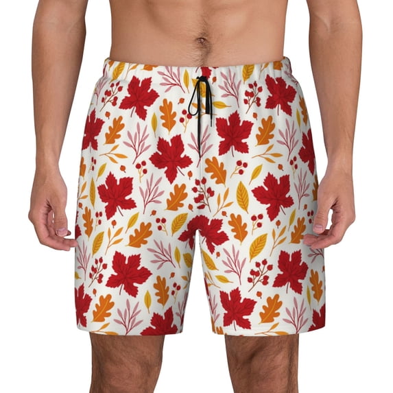 Lsque Mens Swim Trunks fall laef Maple Pattern - Bathing Suit Compression Liner - Beach Swim Shorts Swimwear - (S-3XL) - Stretch Quick Dry -Large