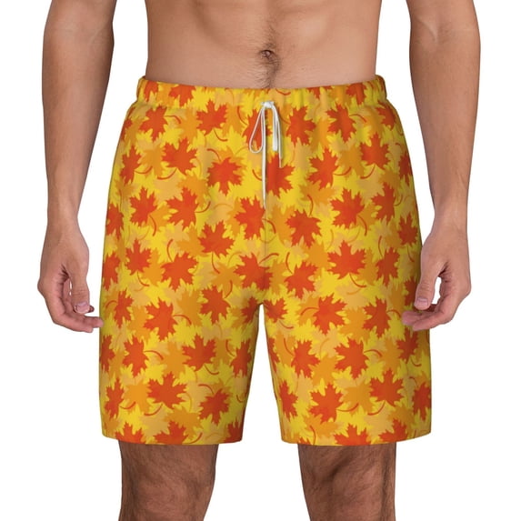Lsque Mens Swim Trunks fall retro maple leaf Pattern - Bathing Suit Compression Liner - Beach Swim Shorts Swimwear - (S-3XL) - Stretch Quick Dry -Large