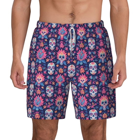 Lsque Mens Swim Trunks leaf flower Skull colorful Pattern - Bathing Suit Compression Liner - Beach Swim Shorts Swimwear - (S-3XL) - Stretch Quick Dry -X-Large