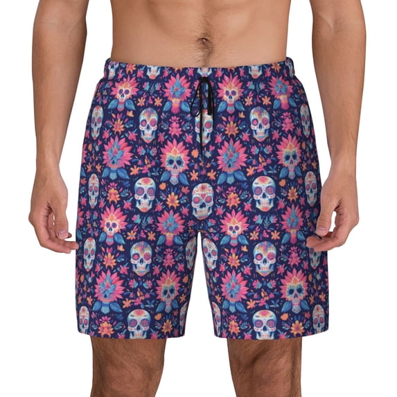 Lsque Mens Swim Trunks leaf flower Skull colorful Pattern - Bathing Suit Compression Liner - Beach Swim Shorts Swimwear - (S-3XL) - Stretch Quick Dry -XX-Large