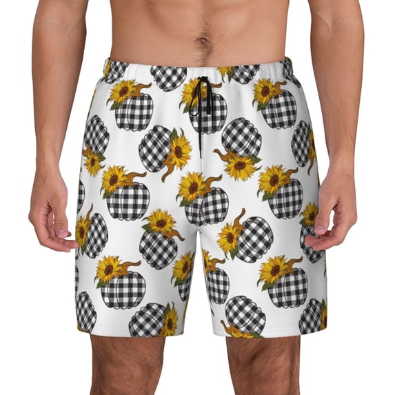 Lsque Mens Swim Trunks plaid Pumpkin Daisy Pattern - Bathing Suit Compression Liner - Beach Swim Shorts Swimwear - (S-3XL) - Stretch Quick Dry -X-Large