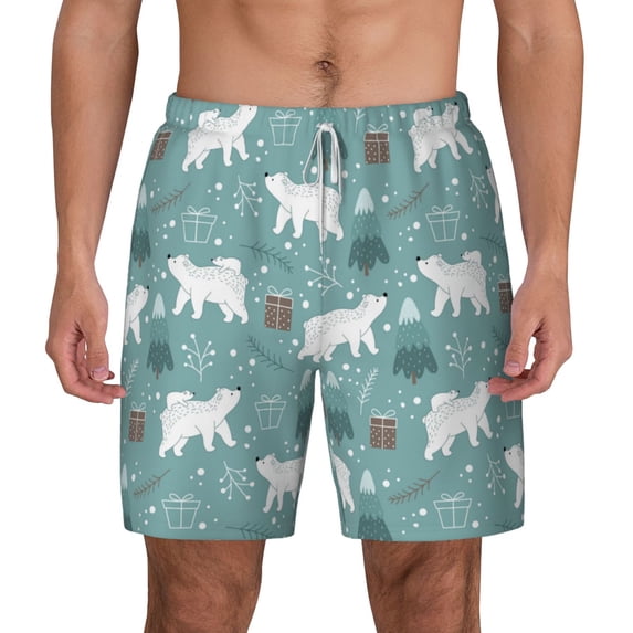 Lsque Mens Swim Trunks whiter Snow bear Print Pattern - Bathing Suit Compression Liner - Beach Swim Shorts Swimwear - (S-3XL) - Stretch Quick Dry -Small