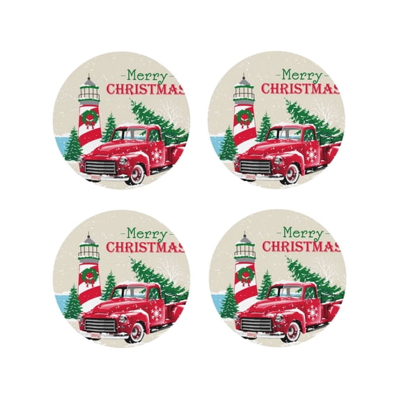 Lsque Merry Christmas 1 Pattern 4" Drink Coasters Set of 4, PVC Leather Absorbent Coasters, Table Coaster Set Decorative Coffee Cup Coasters Housewarming Gift -Round Shape
