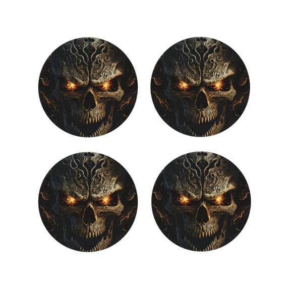 Lsque Metal Evil Skull Pattern 4" Drink Coasters Set of 4, PVC Leather Absorbent Coasters, Table Coaster Set Decorative Coffee Cup Coasters Housewarming Gift -Round Shape