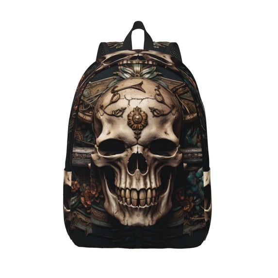 Lsque Metal Style Horned Skull Pattern Canvas Daypack, Durable Backpack, High-quality Versatile Backpack,Vintage Compact Backpack-Small