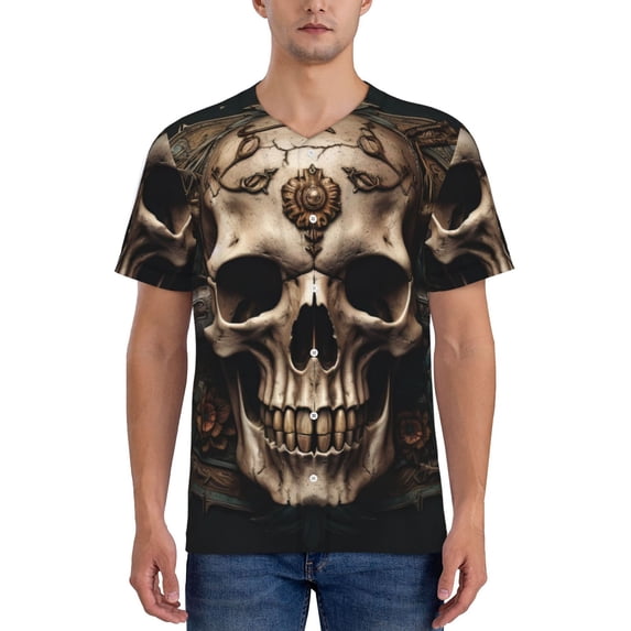 Lsque Metal Style Horned Skull Pattern Mens Polo Golf Shirts Funny Graphics Shorts Sleeve Button Shirts Baseball T-shirt-X-Large