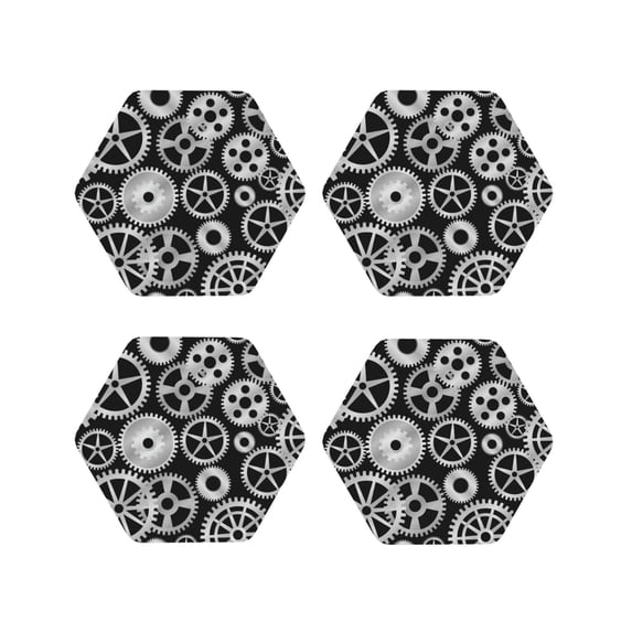 Lsque Metallic Gears Pattern 4" Drink Coasters Set of 4, PVC Leather Absorbent Coasters, Table Coaster Set Decorative Coffee Cup Coasters Housewarming Gift -Hexagon