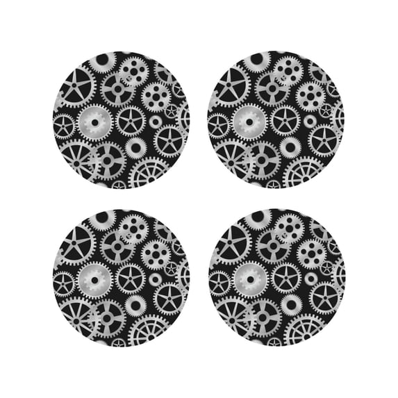 Lsque Metallic Gears Pattern 4" Drink Coasters Set of 4, PVC Leather Absorbent Coasters, Table Coaster Set Decorative Coffee Cup Coasters Housewarming Gift -Round Shape