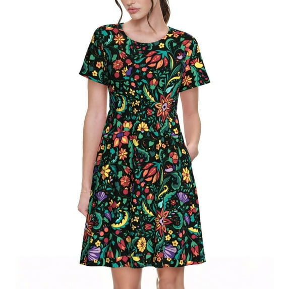 Lsque Mexican Flower 1 Print Women's Casual Dress T-Shirt Summer Short Sleeve Scoop Neck Swing Dresses