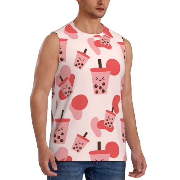 Lsque Milk Tea Print Men's Cotton Blend Sleeveless Muscle Shirts (S-3XL)- Moisture Wicking, Odor Protection, UPF 30+,3X-Large
