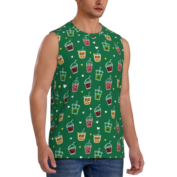 Lsque Milk Tea Print Men's Cotton Blend Sleeveless Muscle Shirts (S-3XL)- Moisture Wicking, Odor Protection, UPF 30+,3X-Large