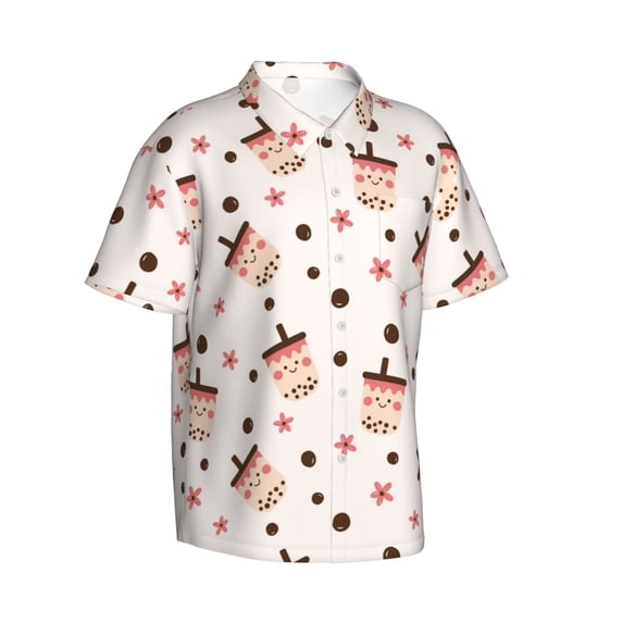Lsque Milk Tea pattern Hawaiian Shirt for Men, Unisex Summer Beach Casual Short Sleeve Button Down Shirts-Large