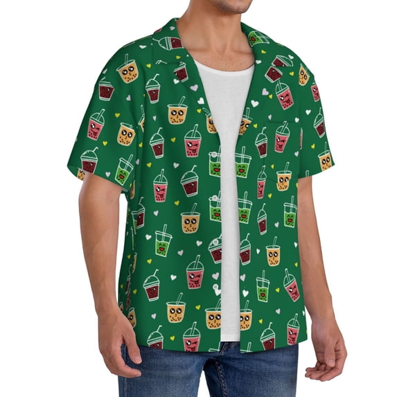 Lsque Milk Tea print Men's Cuban Collar Short Sleeve Shirt Summer Beachwear Casual Button Down Fashionable Vacation Leisure Shirt-3X-Large