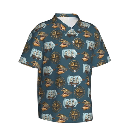 Lsque Miniature Ship In Bottle pattern Hawaiian Shirt for Men, Unisex Summer Beach Casual Short Sleeve Button Down Shirts-Large