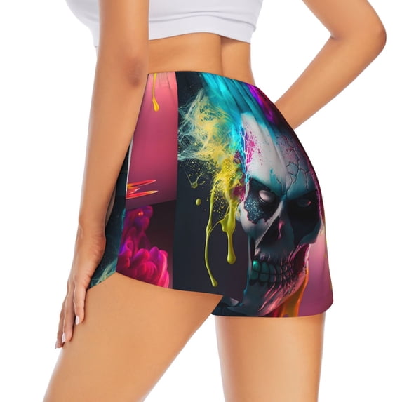 Lsque Modern Abstract Colorful Skull A Printed Women's Running Shorts with Liner Pockets,Elastic Quick Dry Workout Athletic Gym Yoga Shorts,Womens High Waist Shorts-Medium