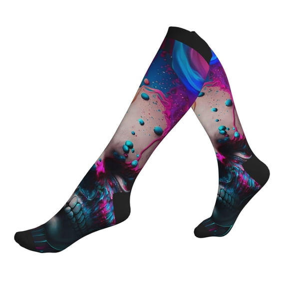 Lsque Modern Abstract Colorful Skull B Pattern Sport Compression Socks for Men & Women 15-20 mmHg Knee High Nurse Pregnant Running Medical and Travel Athletic