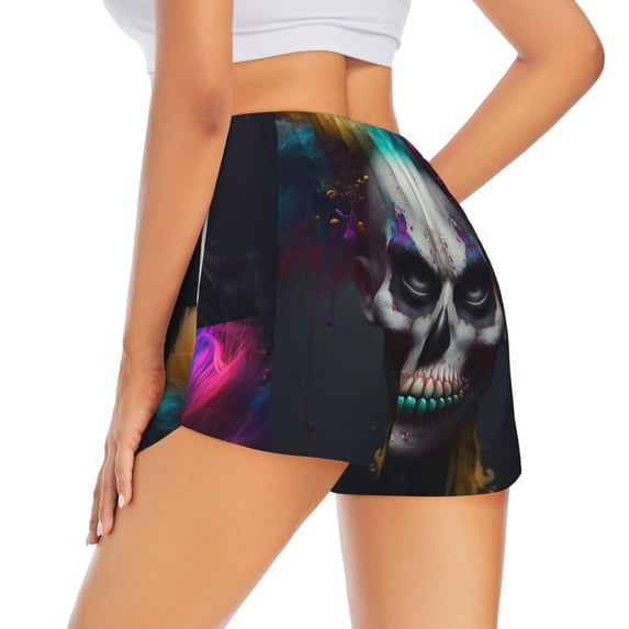 Lsque Modern Abstract Colorful Skull C Printed Women's Running Shorts with Liner Pockets,Elastic Quick Dry Workout Athletic Gym Yoga Shorts,Womens High Waist Shorts-X-Large
