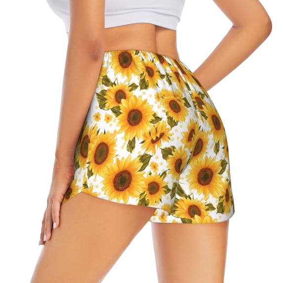 Lsque Modern Elegant Sunflower Printed Women's Running Shorts with Liner Pockets,Elastic Quick Dry Workout Athletic Gym Yoga Shorts,Womens High Waist Shorts-Large