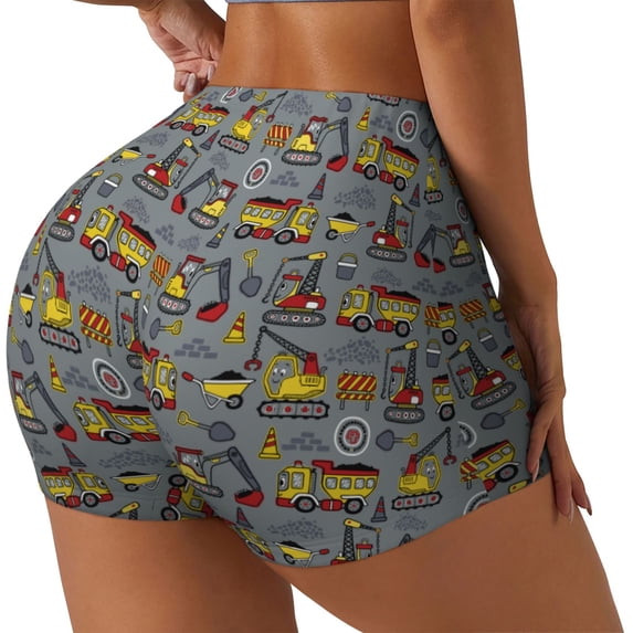 Lsque Modern Excavator Pattern High Waisted Biker Shorts for Women-Tummy Control Fitness Athletic Workout Running Yoga Gym Shorts,Moisture-Wicking-Small