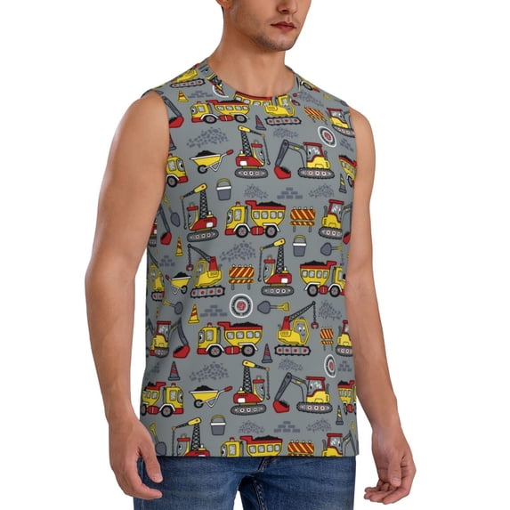 Lsque Modern Excavator Print Men's Cotton Blend Sleeveless Muscle Shirts (S-3XL)- Moisture Wicking, Odor Protection, UPF 30+,Small