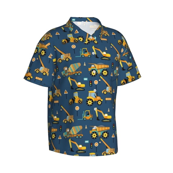 Lsque Modern Excavator pattern Hawaiian Shirt for Men, Unisex Summer Beach Casual Short Sleeve Button Down Shirts-Large