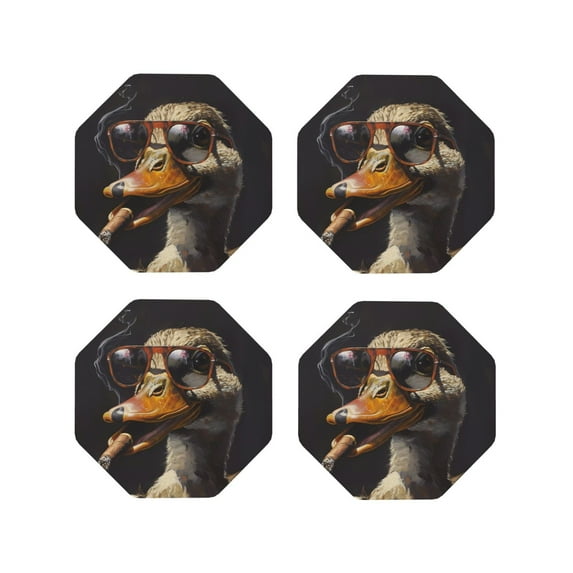 Lsque Modern Funny Duck Pattern 4" Drink Coasters Set of 4, PVC Leather Absorbent Coasters, Table Coaster Set Decorative Coffee Cup Coasters Housewarming Gift -Octagon