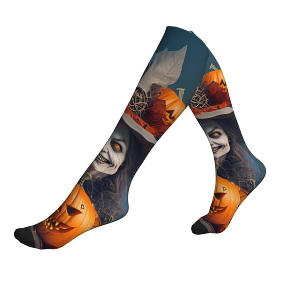 Lsque Modern Style Pumpkin Witch Pattern Sport Compression Socks for Men & Women 15-20 mmHg Knee High Nurse Pregnant Running Medical and Travel Athletic