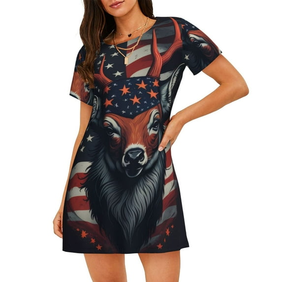 Lsque Modern USA Deer Head Pattern Nightgowns for Women Sleep Shirts Short Sleeve Nightshirt Pullover Nightdress Soft Sleepwear Relaxed Fit Nightdress