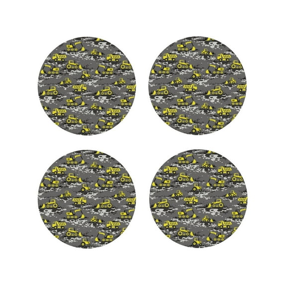 Lsque Modern Yellow Excavator Pattern 4" Drink Coasters Set of 4, PVC Leather Absorbent Coasters, Table Coaster Set Decorative Coffee Cup Coasters Housewarming Gift -Round Shape