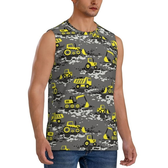 Lsque Modern Yellow Excavator Print Men's Cotton Blend Sleeveless Muscle Shirts (S-3XL)- Moisture Wicking, Odor Protection, UPF 30+,3X-Large