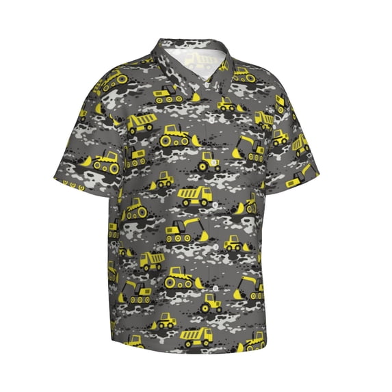 Lsque Modern Yellow Excavator pattern Hawaiian Shirt for Men, Unisex Summer Beach Casual Short Sleeve Button Down Shirts-3X-Large