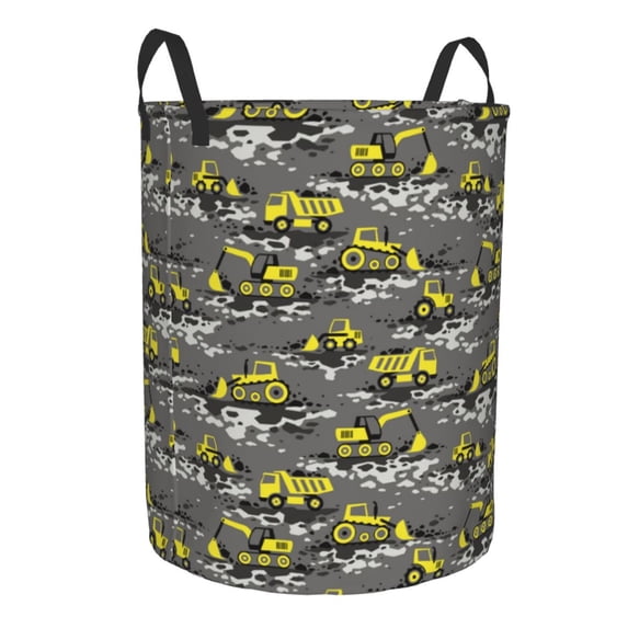 Lsque Modern Yellow Excavator pattern Laundry Hamper Basket, Tall Woven Rope Hamper Basket for Clothes, Lightweight Storage Basket, Collapsible Waterproof-Medium