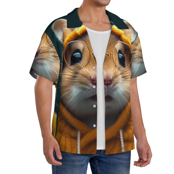 Lsque Modern Yellow Sweater Guinea Pig print Men's Cuban Collar Short Sleeve Shirt Summer Beachwear Casual Button Down Fashionable Vacation Leisure Shirt-Small