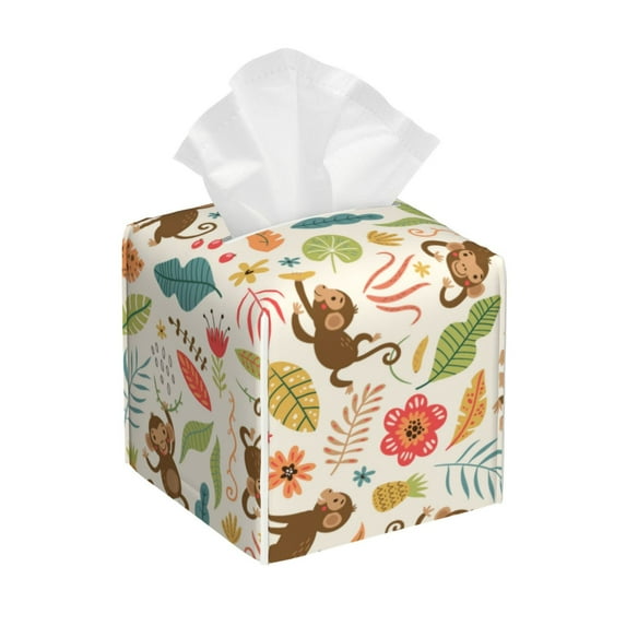 Lsque Monkeys in the Jungle Printed Tissue Box Cover Holder, Facial Paper Organizer Dispenser,Square with Bottom Belt, PVC Leather Decorative Organizer
