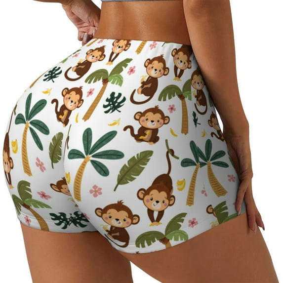 Lsque Monkeys Swinging from Palms Pattern High Waisted Biker Shorts for Women-Tummy Control Fitness Athletic Workout Running Yoga Gym Shorts,Moisture-Wicking-X-Large