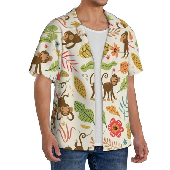 Lsque Monkeys in the Jungle print Men's Cuban Collar Short Sleeve Shirt Summer Beachwear Casual Button Down Fashionable Vacation Leisure Shirt-Large