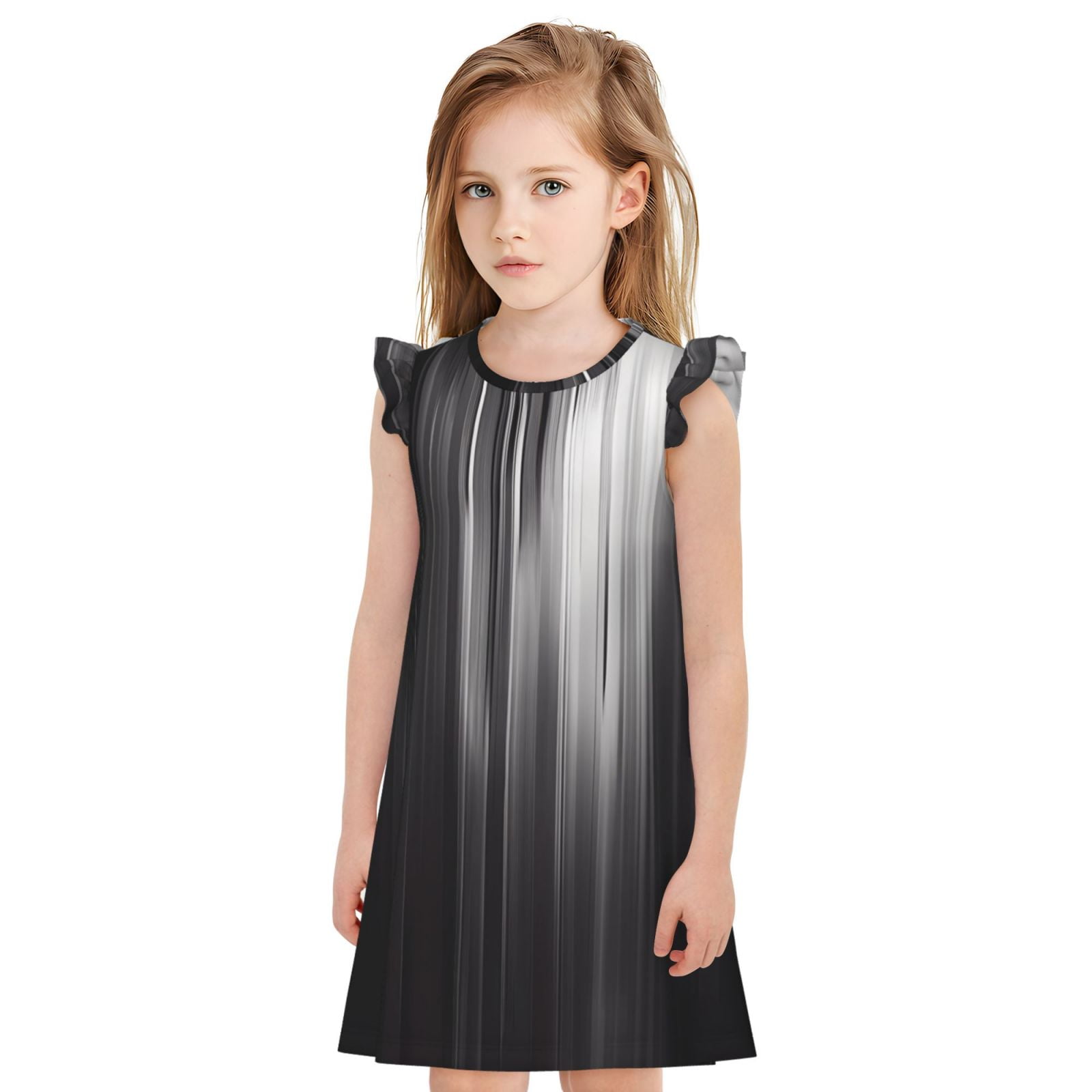 Lsque Monochrome Abstract Lines Printed Girls' Nightgown, Soft & Cute