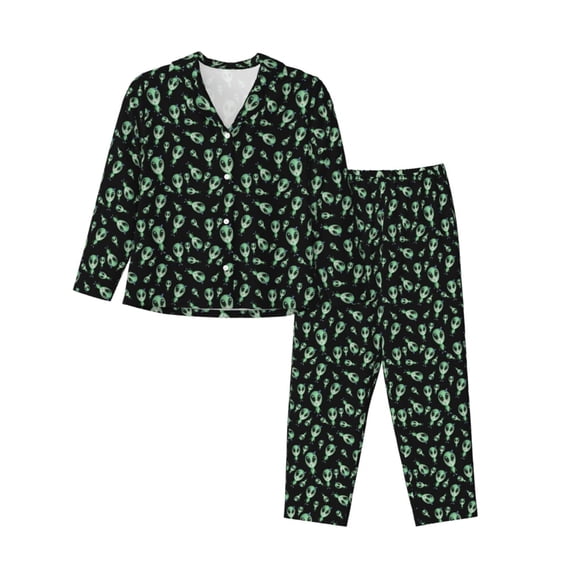 Lsque Monster Cartoons Pattern Long Sleeve Pajama Set for Women - Soft 2-Piece Sleepwear and Loungewear Set with Pockets, Comfy Nightwear-Large