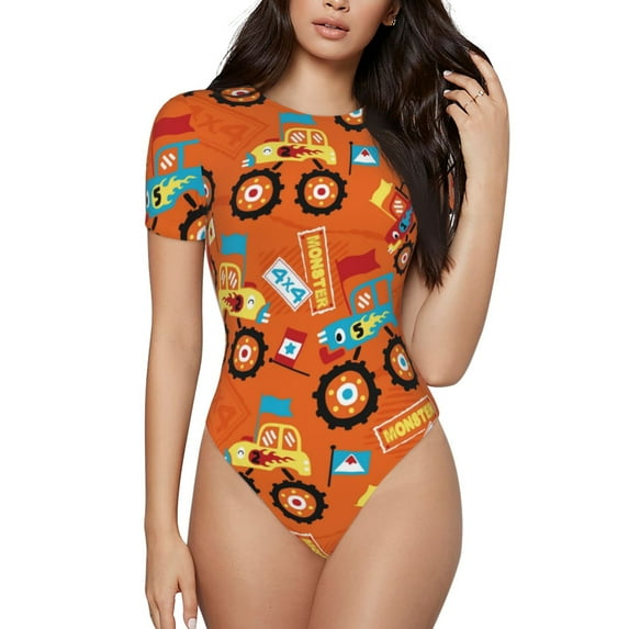 Lsque Monster Truck Women's Crew Neck Short Sleeve Bodysuit Basic T Shirts Tops Onesie Adult Cute Pajama-Small